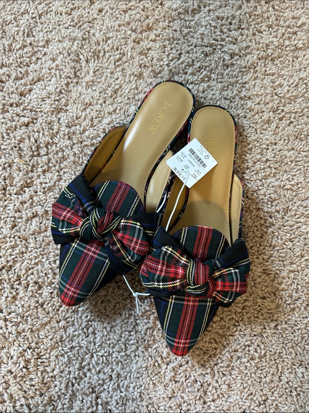 J. Crew Red/Navy/Green Tartan Bow-Front Pointed Mules